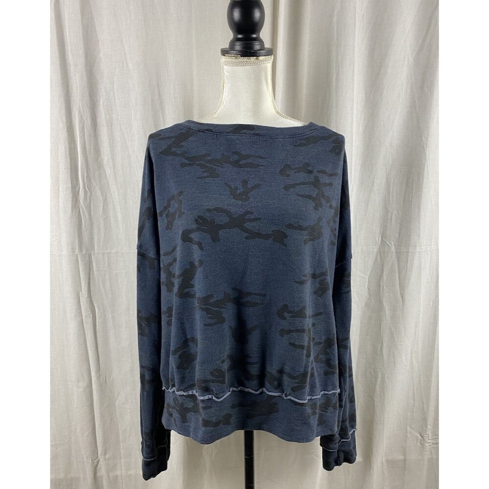Sundry Blue Camoflouge Camo Print Off Shoulder Cozy Pullover Sweater -Size 4
